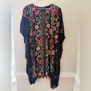 Angie Black Kimono with Red and Orange Floral Design